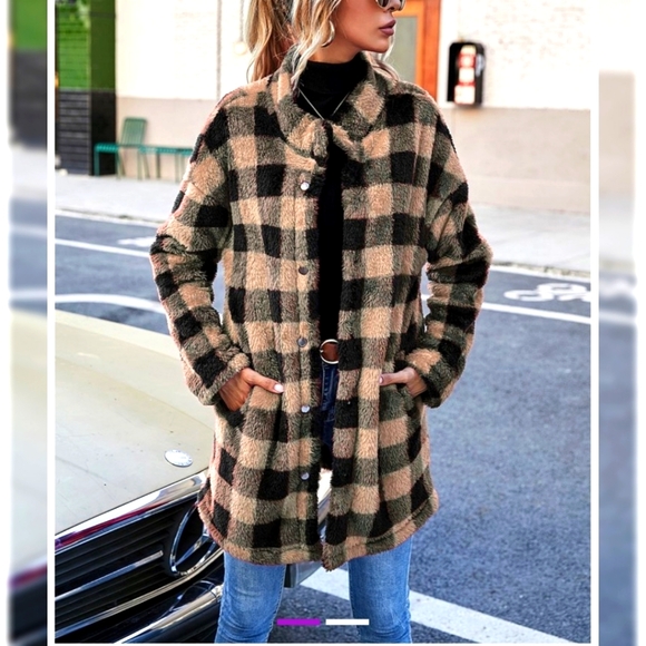 Jackets & Blazers - Khaki Buffalo Check Plus Snap up Coat